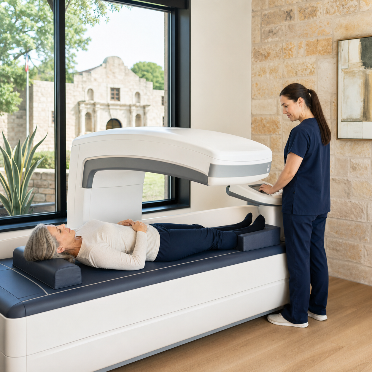 An adult receiving a DEXA body-composition and bone-density scan